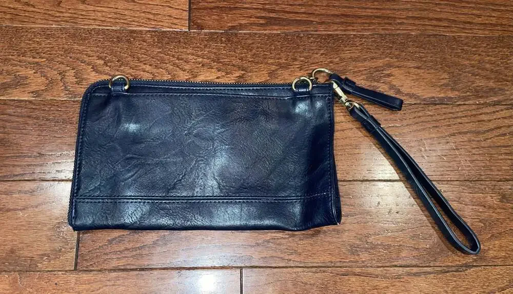 Joy Susan Navy Vegan Leather Wristlet Clutch Minimalist Everyday Bag